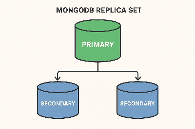 A diagram of a MongoDB replica set showing a primary node and two secondary nodes.
